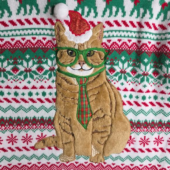 Cat Ugly Sweater Sm Santa Holidays Red Green Cat with Tie OrangeTabby Fun Unique - Picture 9 of 11